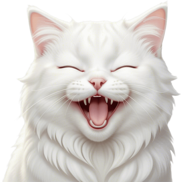 Cinematic Cute Yawning White Cat Portrait Emoji, Head gently tilted with an endearing, wide-open yawn and softly closed eyes, showcasing a pristine white fur with delicate hints of silver, simplified yet irresistibly adorable, highly detailed, glowing with a tender, cozy radiance, high shine, exuding sleepy charm and gentle affection, styled with a soft glowing outline, capturing the essence of a white cat caught mid-yawn, radiating pure, adorable lethargy! emoji