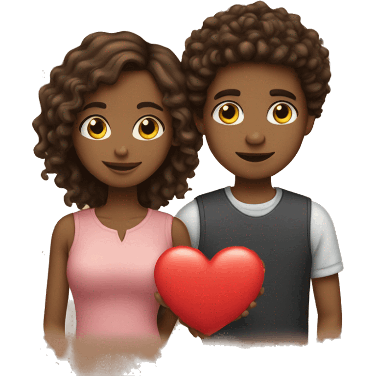 brown girl with straight hair and brown boy with curly hair holding heart together emoji