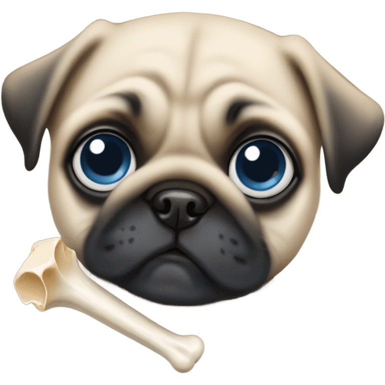 Baby pug with big blue eyes chewing a bone  emoji