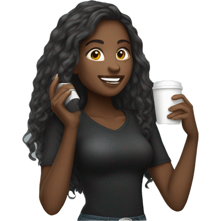 African American female with long hair talking on cellphone and holding a coffee wearing black shirt and jeans full length  emoji