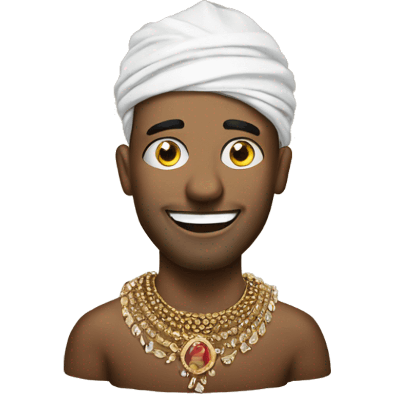 smiling male portrait with  jewellery with the portrait printed on a samosa  emoji