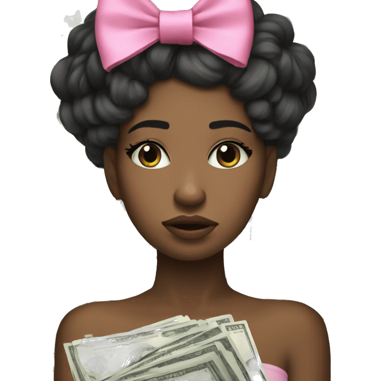 Stylish black girl crying with pink bow on her hair and stack of money on one of her hands emoji