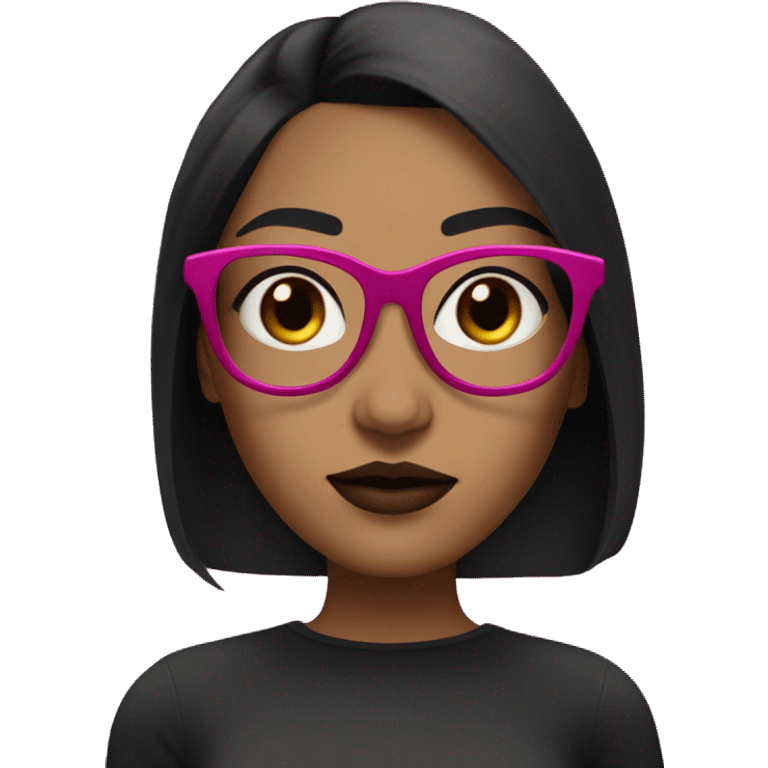 Girl with shoulder length straight black hair and brown skin and dark brown eyes and fuchsia lip stick and fuchsia glasses  emoji