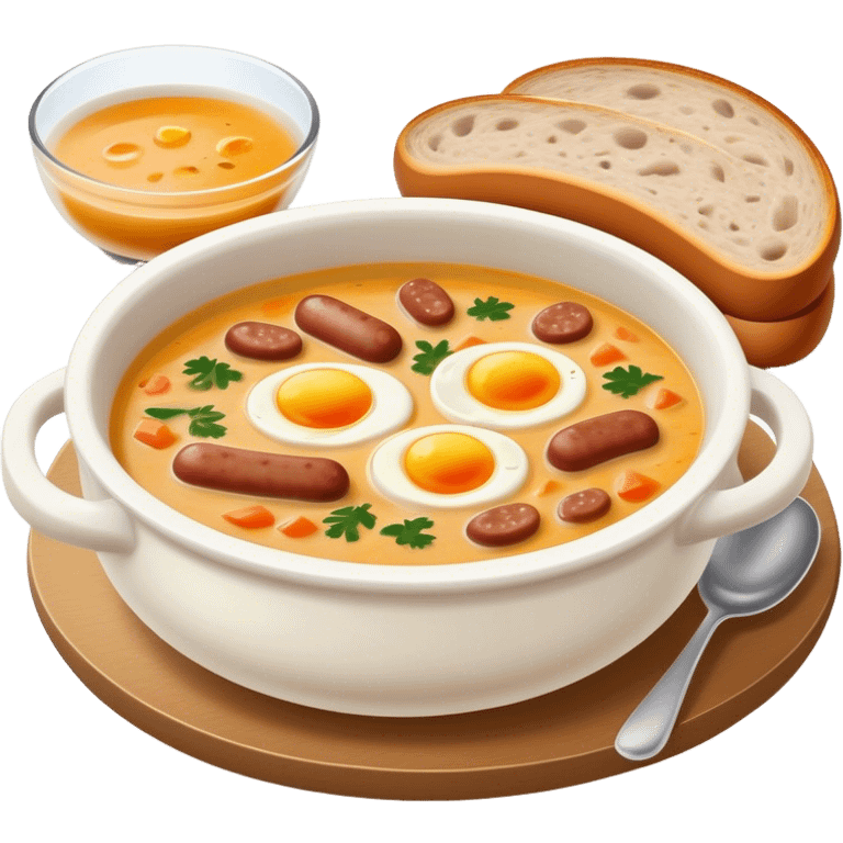 Cinematic Realistic ≈ªurek Soup Dish Emoji, depicted as a tangy, creamy rye soup with sausage and egg rendered with detailed textures and warm, comforting lighting. emoji