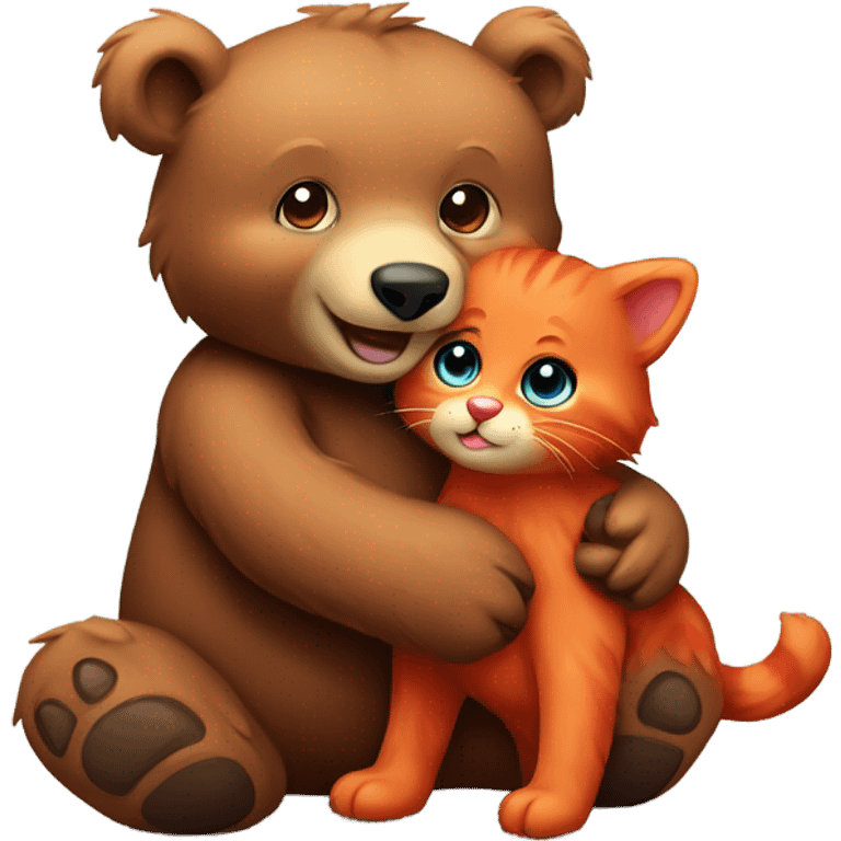 brown bear cub hugs red cat emoji