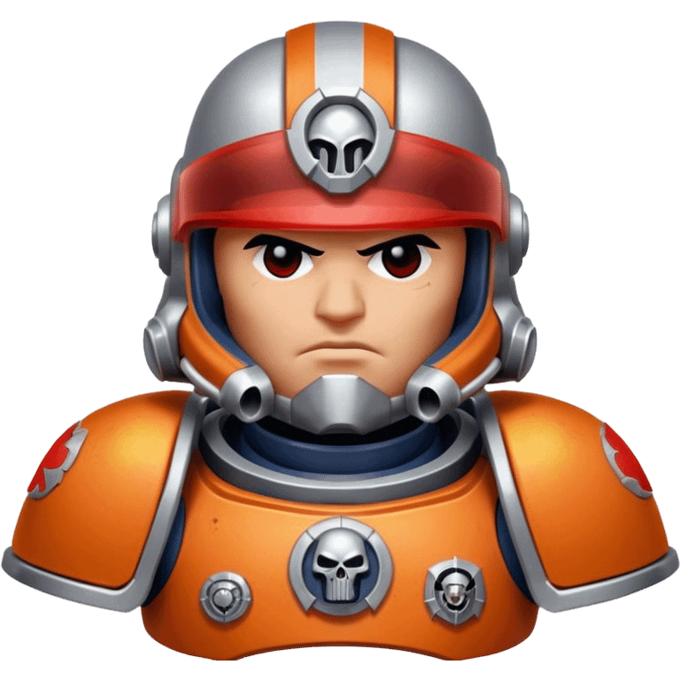 A space marine from Warhammer 40K, in orange and silver armor, with red visor emoji