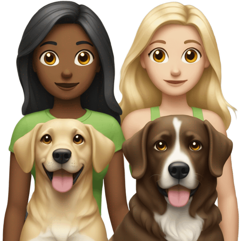 Three girls. One blonde and two brunettes. Each with a dog.  emoji