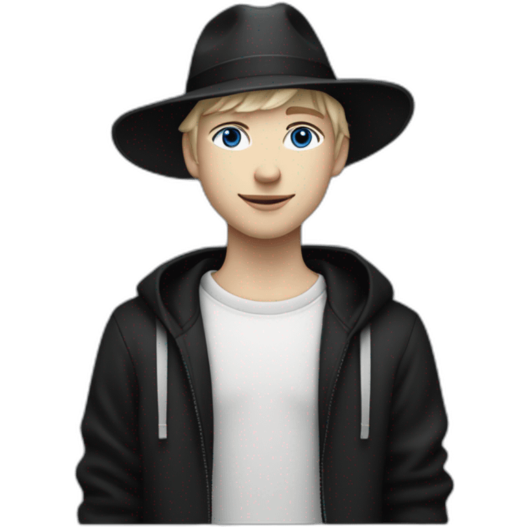 Smirking neutral white teenager, blue eyes, with short blond hair wearing a black fedora hat, and a black adidas long sleeve sweater emoji