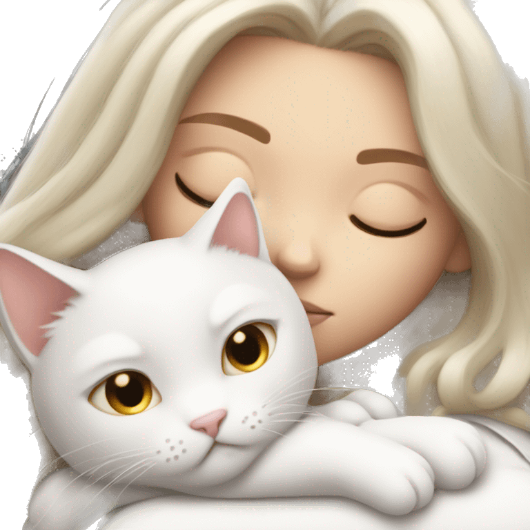 White kitty sleeping on brunette white girl's lap emoji