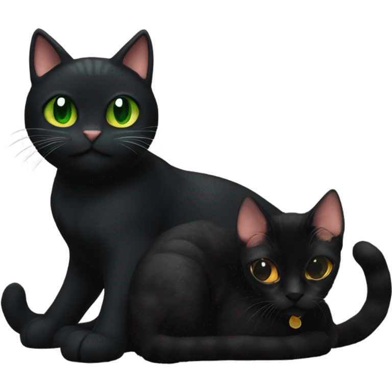 a black cat with green eyes is best friends with an orange cat emoji