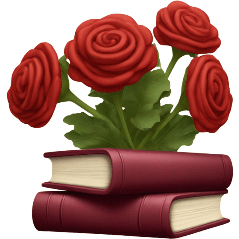 A red stack of books with a maroon bouquet of vintage-style Brats emoji