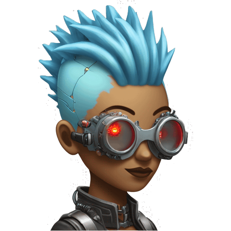 Light blue Mohawk hair female cyborg head with red steampunk goggles and circuits emoji