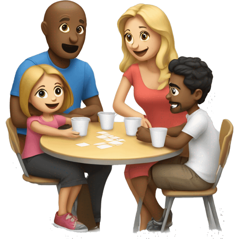 An emoji of a family—mother, father, and child—sitting at a table, playing a cup game with paper cups arranged on the table as they have fun together emoji