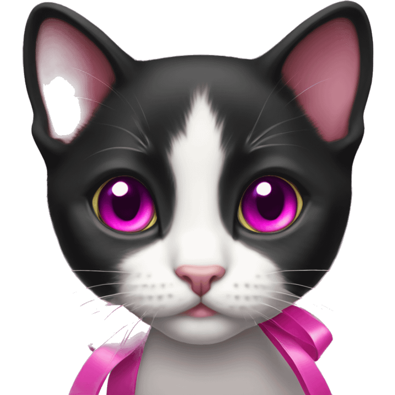 Tuxedo kitten with a magenta ribbon  emoji