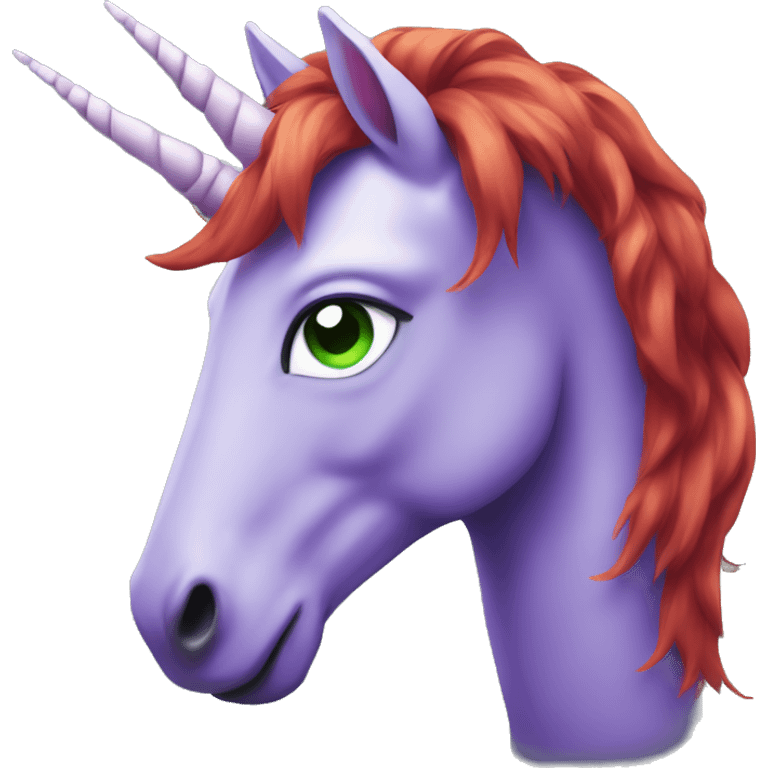 Purple unicorn with green eyes and red hair emoji