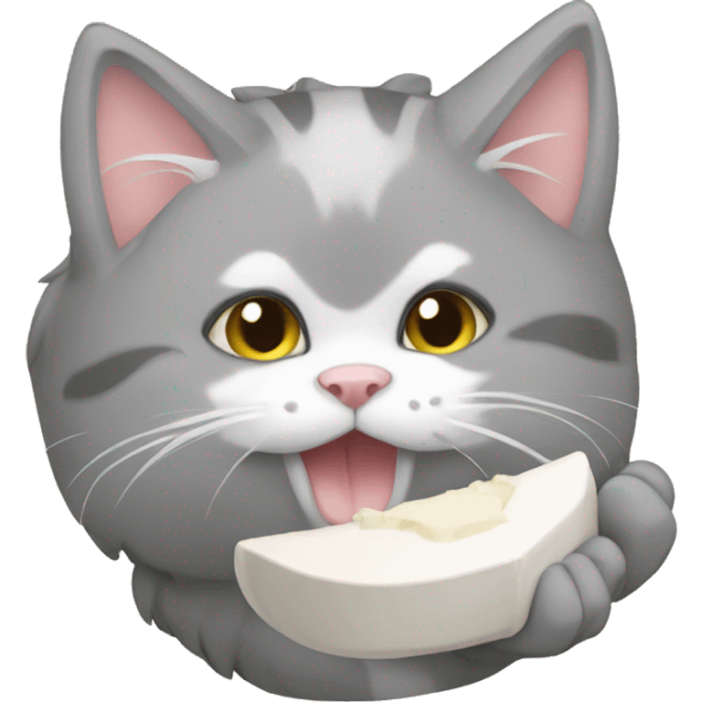 Grey and white cat eating emoji