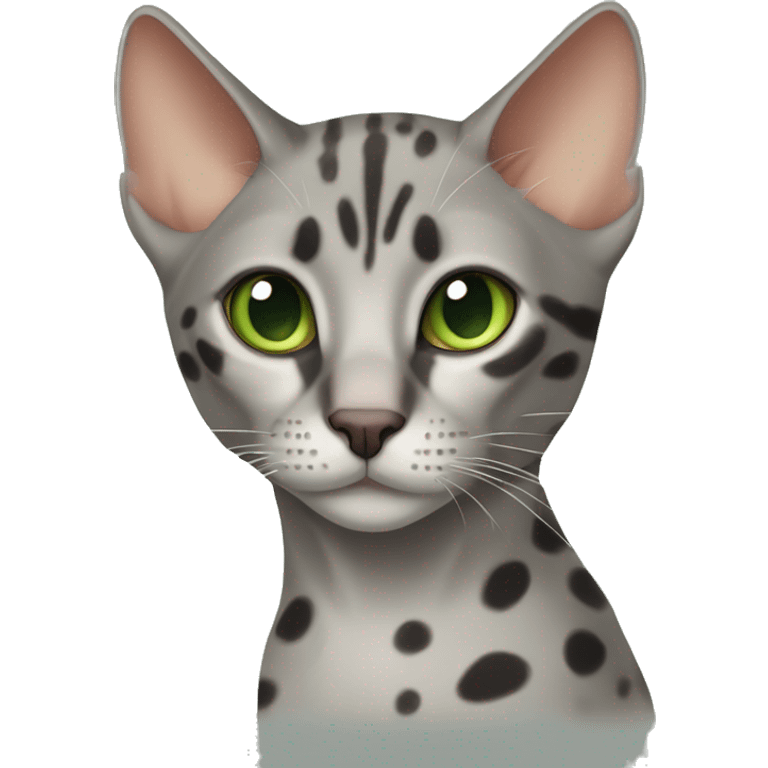 Short-haired oriental cat , grey coat with spots , green eyes , terracotta nuzzle emoji