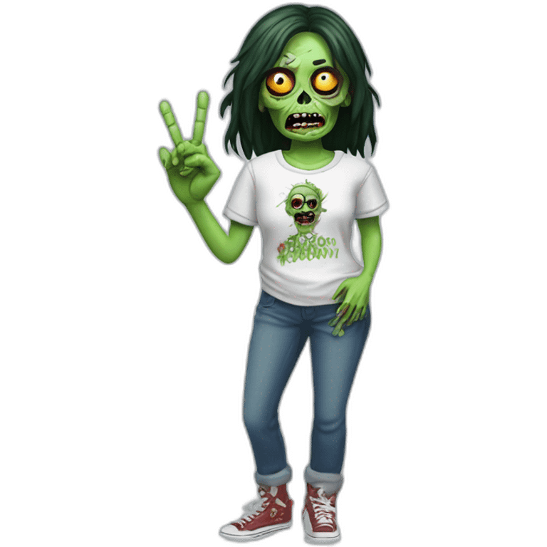 A Zombie Wearing a t-shirt with the text "Miss Bourbon" and making the peace sign emoji