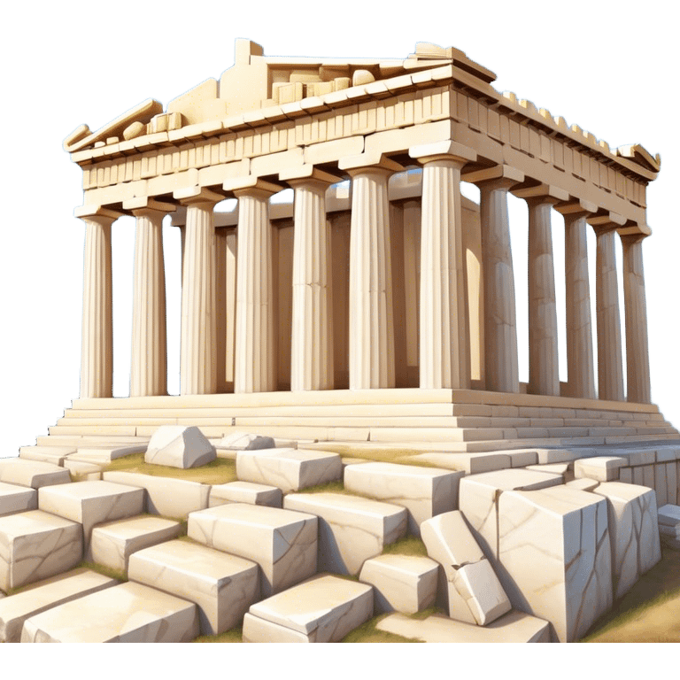 Cinematic Realistic Acropolis Landmark Emoji, showing the Parthenon standing proudly atop the Acropolis hill, with its marble columns glowing under the warm Athenian sunlight against a blue sky. emoji