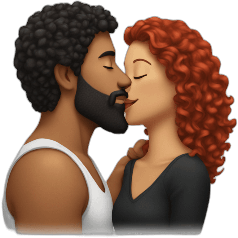 Brown man with a smooth black hair cut fade and a black beard kissing a White woman with long red curly hair emoji