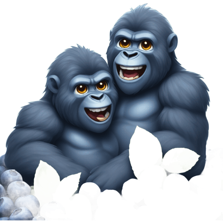 Two joyful blue fluffy gorilla brothers sitting in a mountain of blueberries  emoji