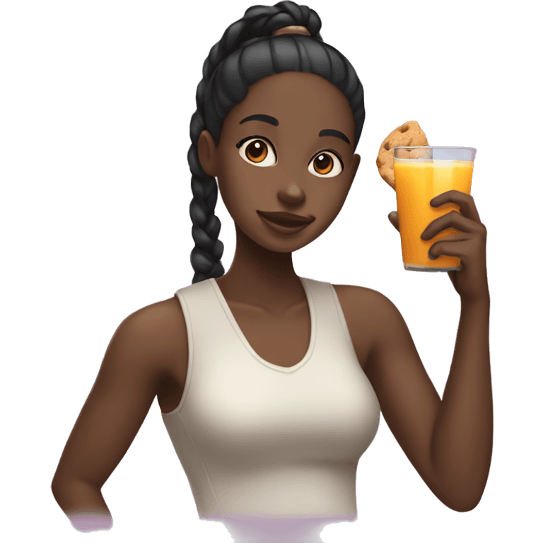 black girl with ponytail holding up a cookie and juice emoji