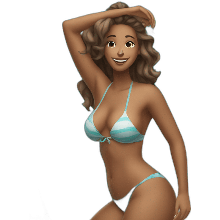 Slim-thicc Caucasian woman bikini hands-in-hair pose (beach body) emoji