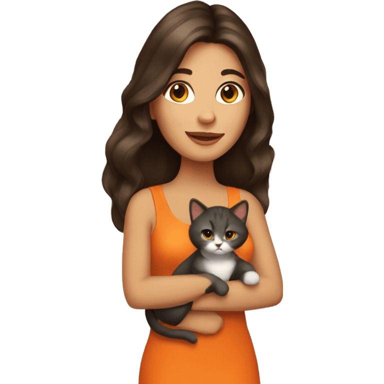 pretty brunette woman holding orange cat emoji