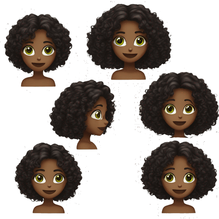 long curly hair,eyes with a hint of green, eyes positive  canthal tilt ,medium thick shaped eyebrows in dark brown, and medium thin lips, round face shape, soft jawline, full body, american emoji