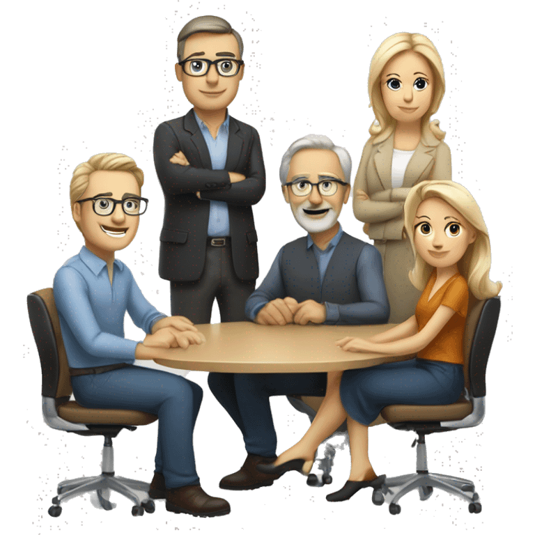 4 people sitting around a meeting table, the people should look like they are at lest 50 years old Caucasian dressed in neat casual attire. emoji