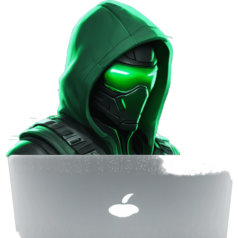 Side view developer behind his laptop with this style : crysis Cyberpunk Valorant neon glowing bright green character green black hooded assassin themed character emoji