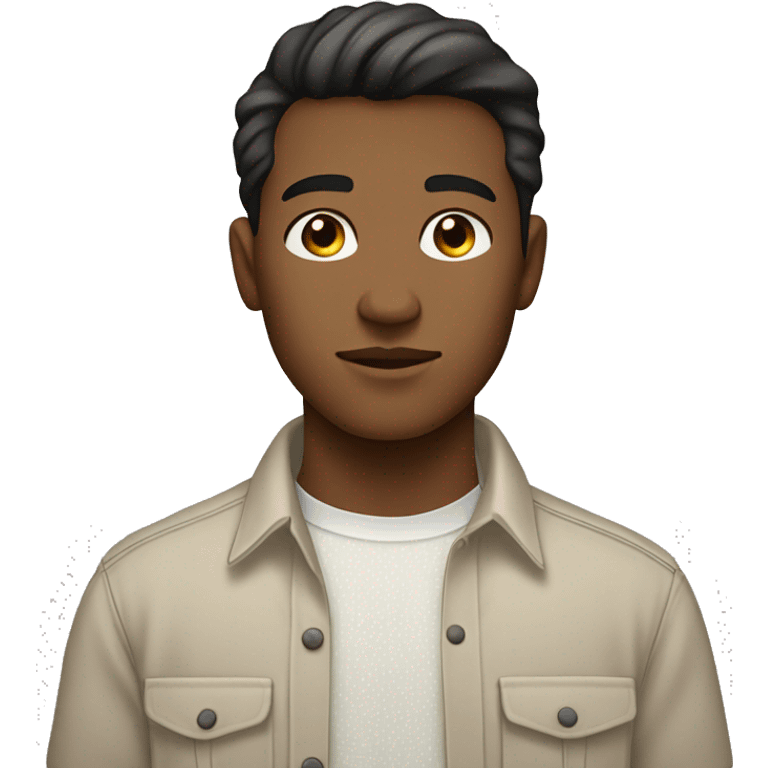 Young man with medium skin tone, neutral expression, short dark hair, wearing a light-colored button-up shirt with small dots. Simple white background. emoji