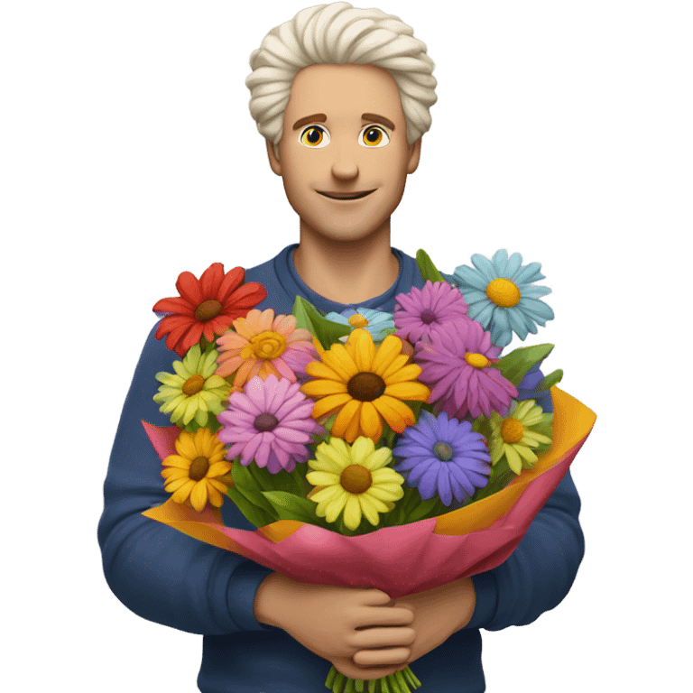 white man with fluffy hair holding bouquet of flowers  emoji