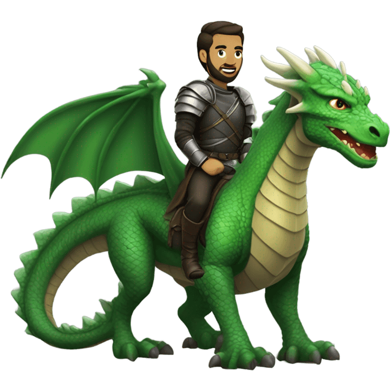 Determined armored White Man with dark brown pompadour hair and a short beard riding on the back of a giant green dragon emoji