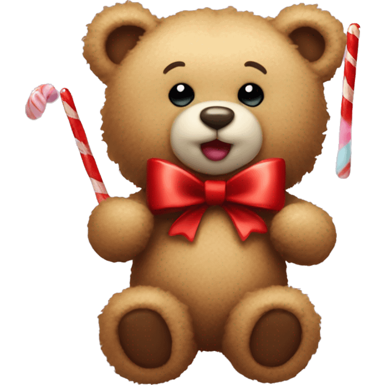 Fluffy Teddy bear with a red bow around neck and long peppermint stick candy in hand  emoji