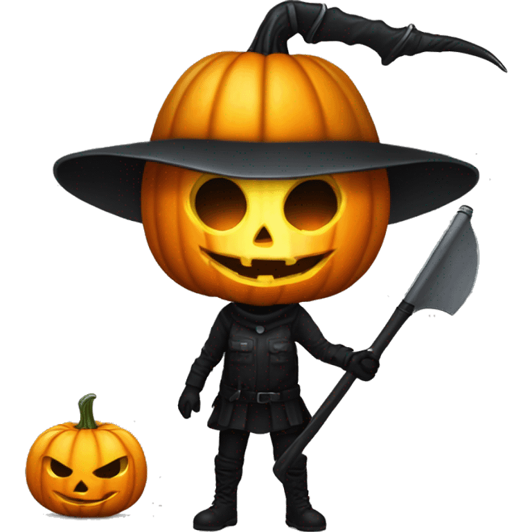 Human female pumpkin hunter with a scythe, glowing pumpkin eyes inside a black helmet, Halloween theme, emoji emoji