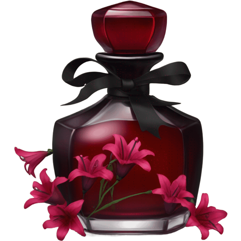 Dark red gothic perfume bottle with red bellflowers and a black ribbon emoji