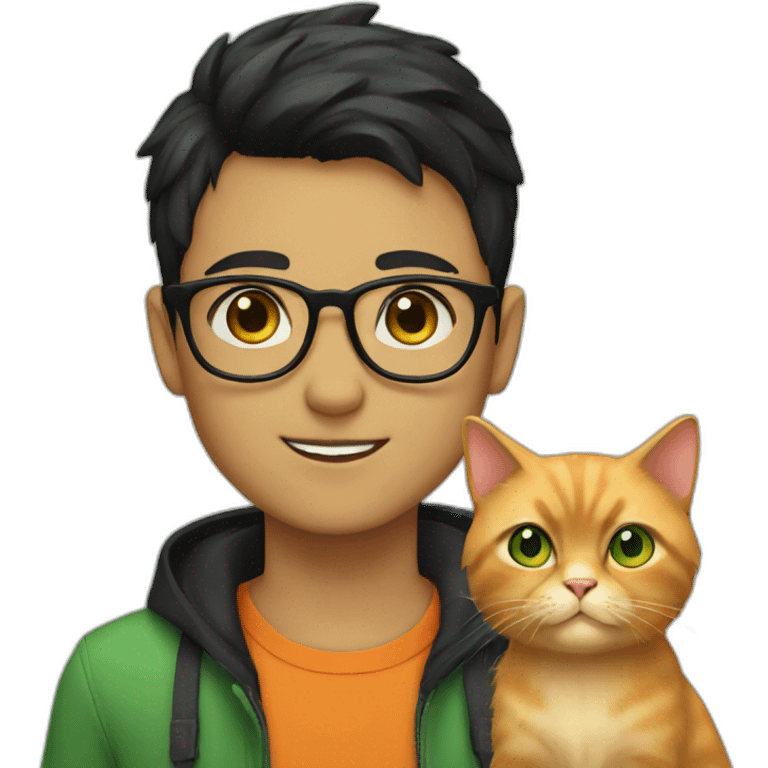 Boy with green eyes, glasses, with black short hair, with orange Persian cat emoji