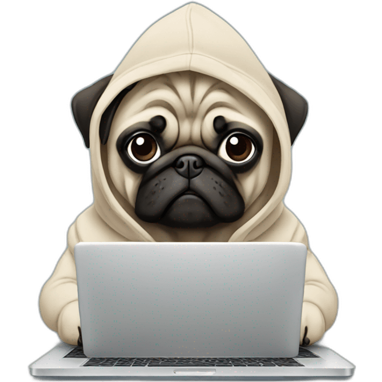 Pug wearing a hoodie and using a laptop emoji