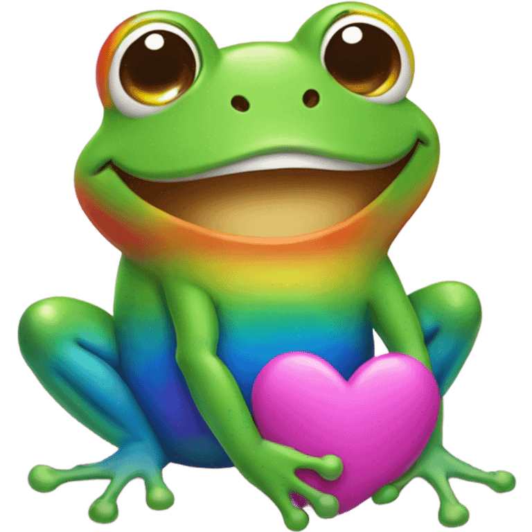 Rainbow colored frog smiling with hearts around it emoji