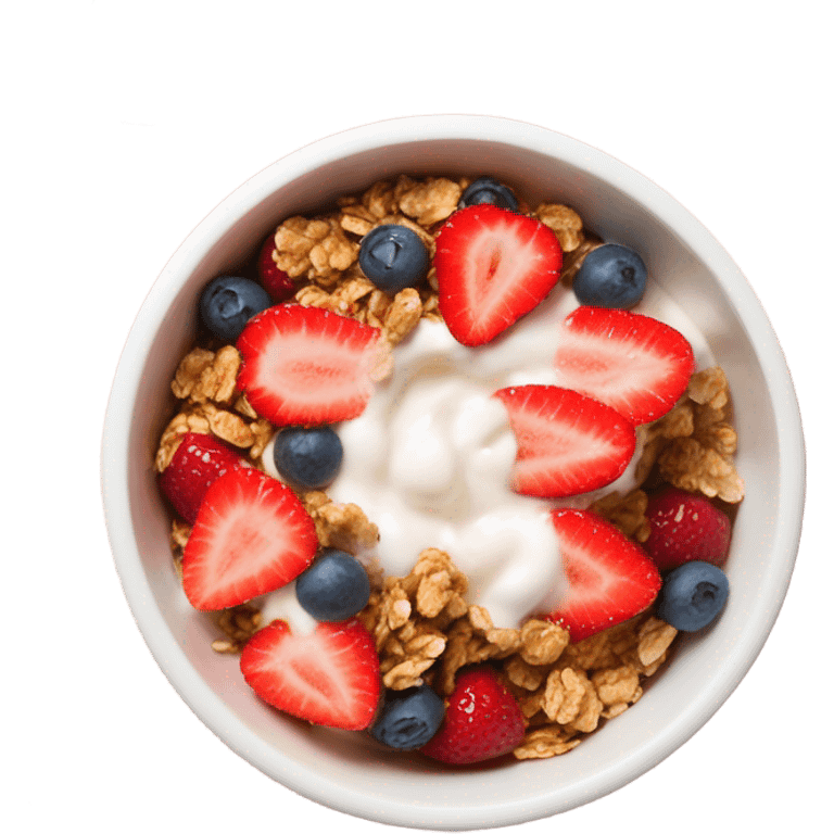 Top view of a yogurt bowl with strawberries and granola emoji