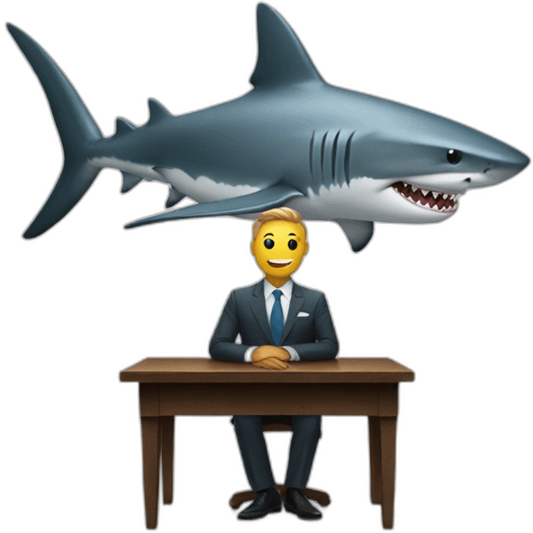 A shark sitting on a table wearing a suit looking straight emoji