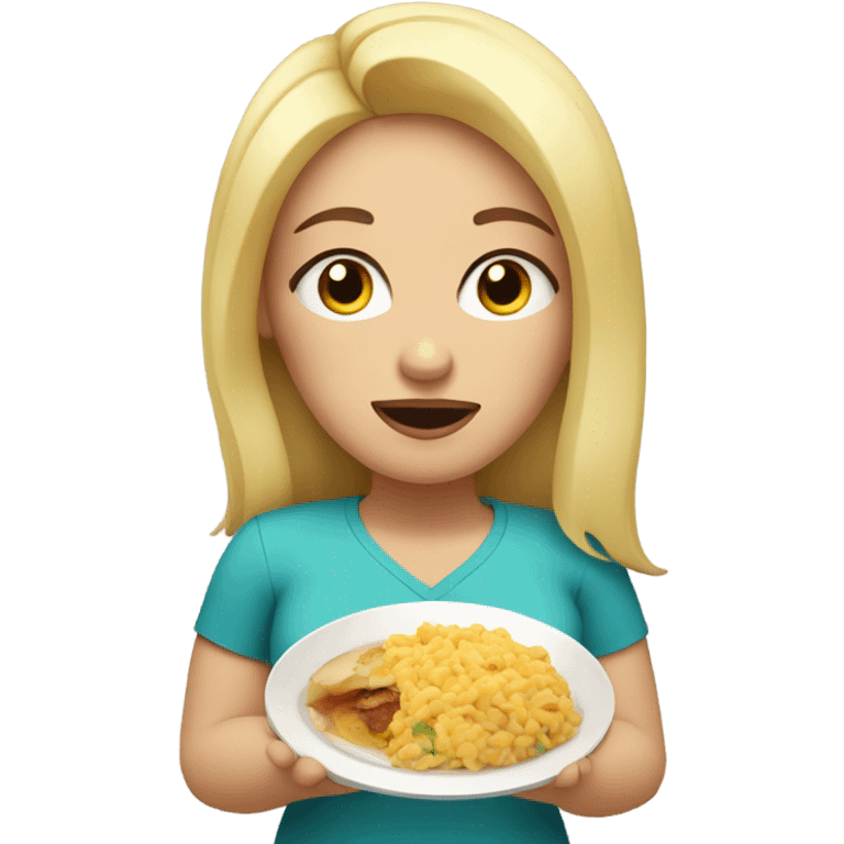 an overweight blondie woman crying with a plate of food emoji