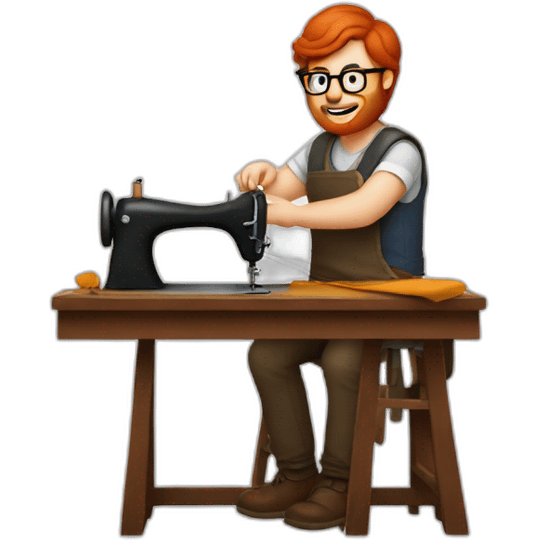 Red smooth haired man with beard and glasses sewing a saddle by hand emoji