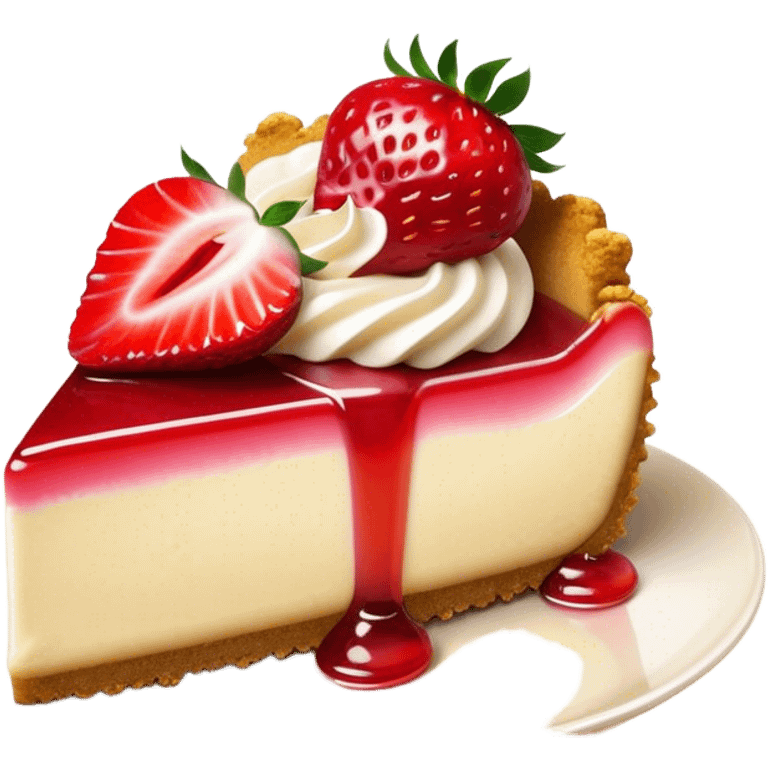 Cinematic creamy cheesecake, smooth and velvety, topped with fresh strawberries and a glossy fruit glaze, golden crumbly crust, beautifully plated, soft glowing background, indulgent and elegant. emoji