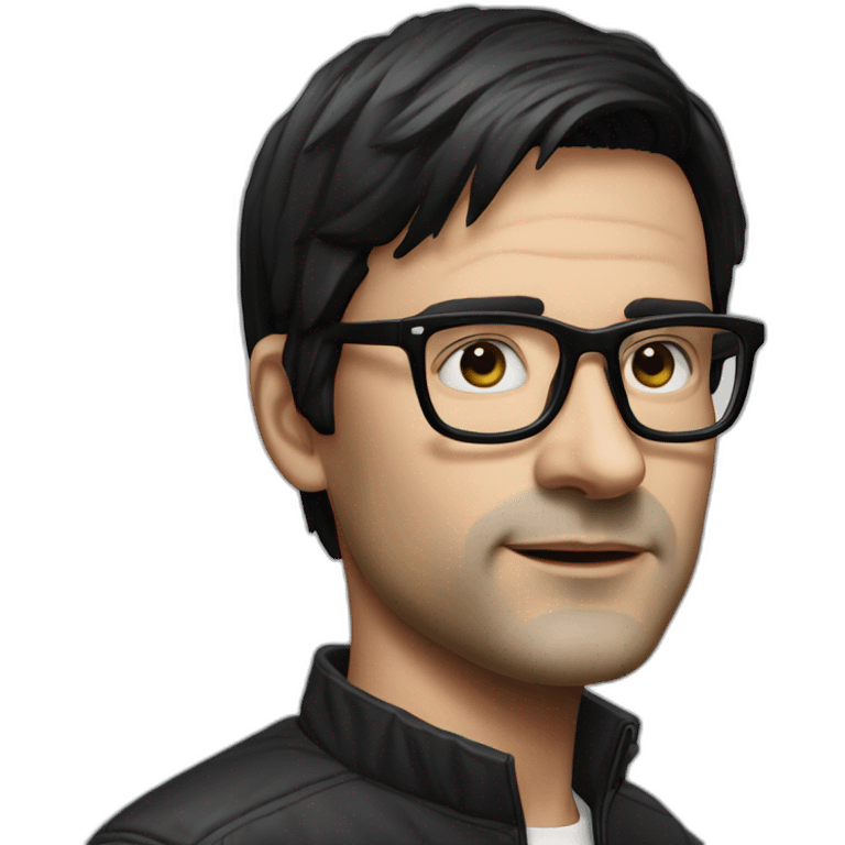 Hyper realistic Ralf Hutter from Kraftwerkn, short straight black hair, black glasses, thin, white BMW emoji