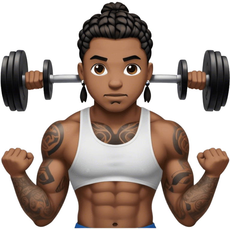 Buff black man with short braids and tattoos lifting weights emoji