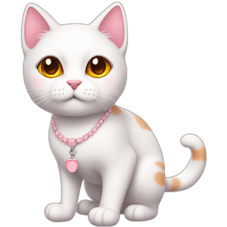 full body white orange cat cute with a small black eyes and a paw pink necklace emoji