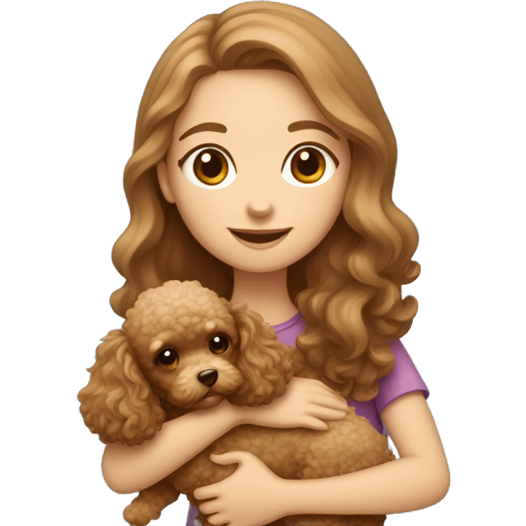 A girl with long light brown hair hugging cute brown toy poodle puppy  emoji