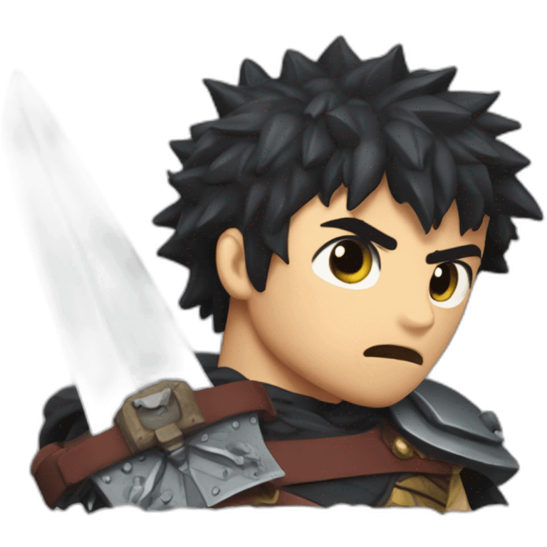 angry berserk guts carrying a huge sword on his shoulder framed on his bust emoji